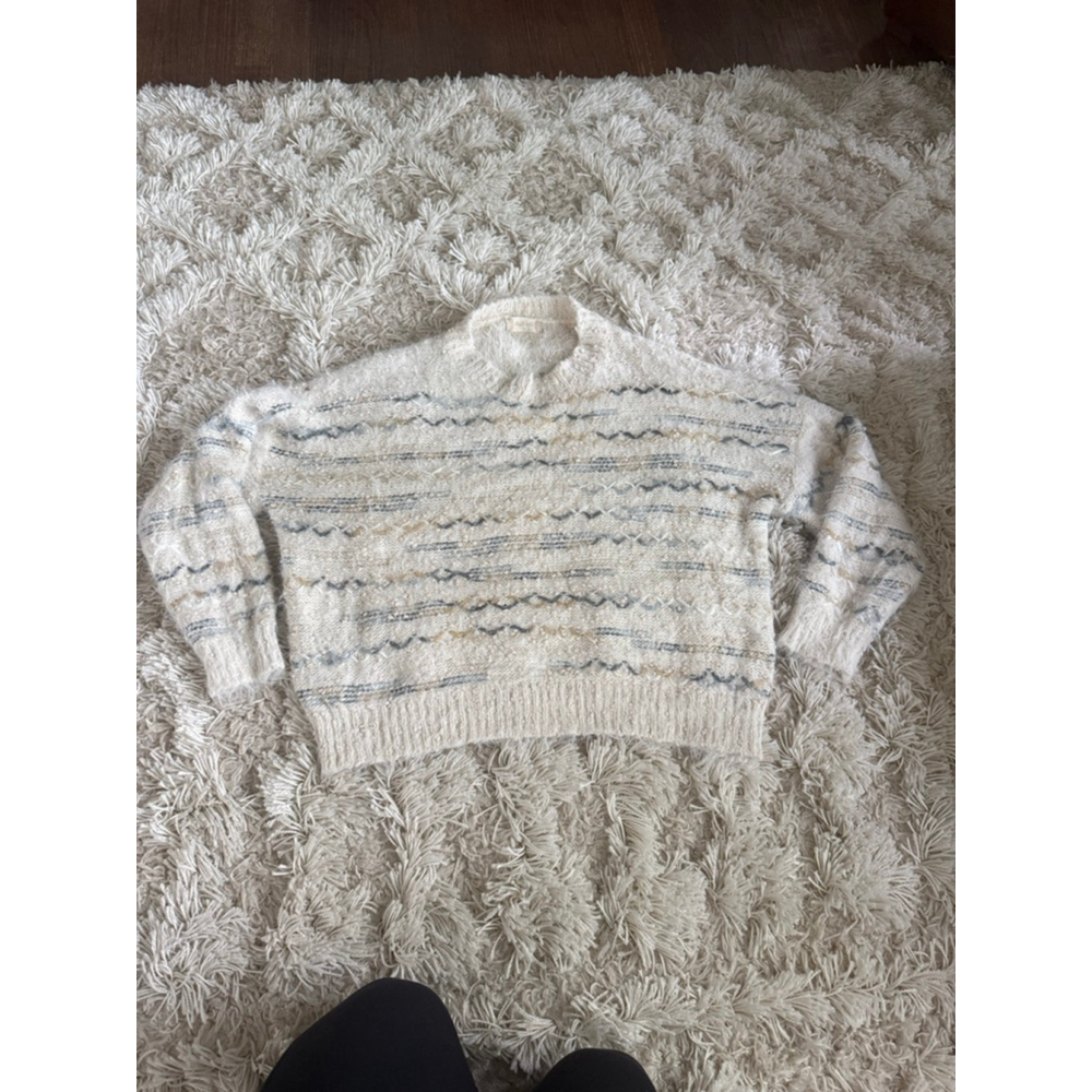 Women's Altard State Cream Blue Tan Striped Crew Neck Sweater M